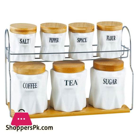 Set of 3 Ceramic Canisters Storage Pot Tea Coffee Sugar Jar Tin on Wooden Stand 