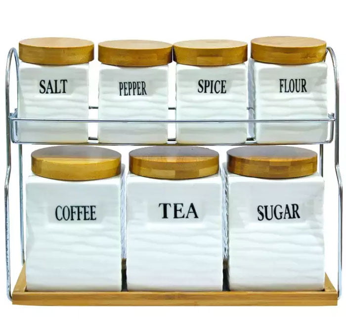 Kitchen Storage 7 Pcs Sugar Tea Coffee Ceramic Canisters Jar Set With Wooden Lid
