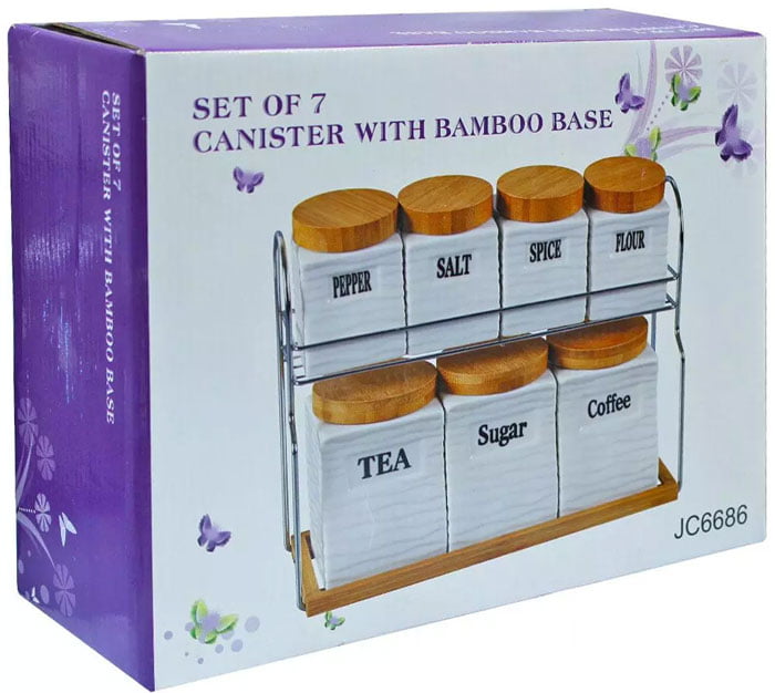 Kitchen Storage 7 Pcs Sugar Tea Coffee Ceramic Canisters Jar Set With Wooden Lid