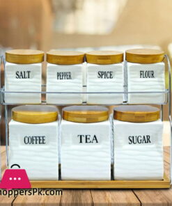 Kitchen Storage 7 Pcs Sugar Tea Coffee Ceramic Canisters Jar Set with Wooden Lid