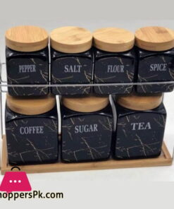 Kitchen Storage 7 Pcs Sugar Tea Coffee Ceramic Canisters Jar Set with Wooden Lid