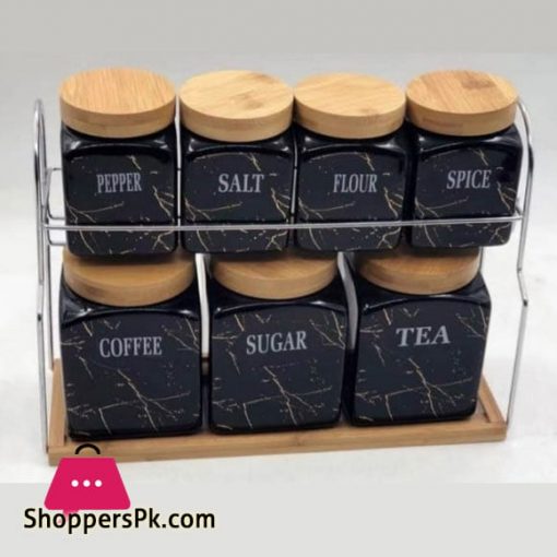 Kitchen Storage 7 Pcs Sugar Tea Coffee Ceramic Canisters Jar Set with Wooden Lid Black