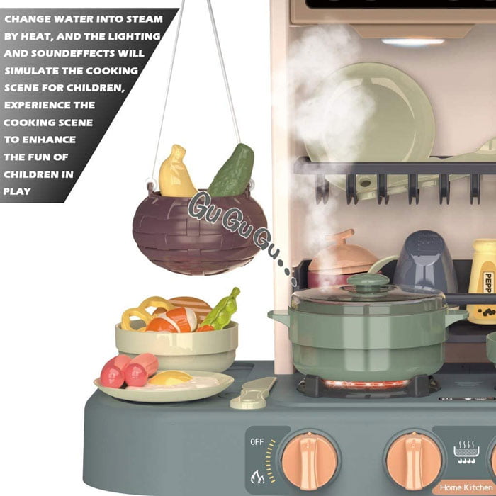 Play Kitchen Kids Kitchen Toy Set Plastic With Note Board Steam Realistic Lights And Sounds Tableware Kitchen Utensils Pot And Pan Watering