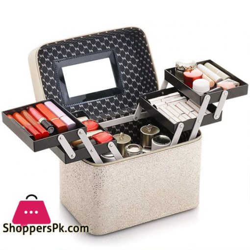 Portable Cosmetic Tool Storage Case Makeup Brush Lip Stick Toner Organizer Box Gold Professional Portable Small Makeup Train Case