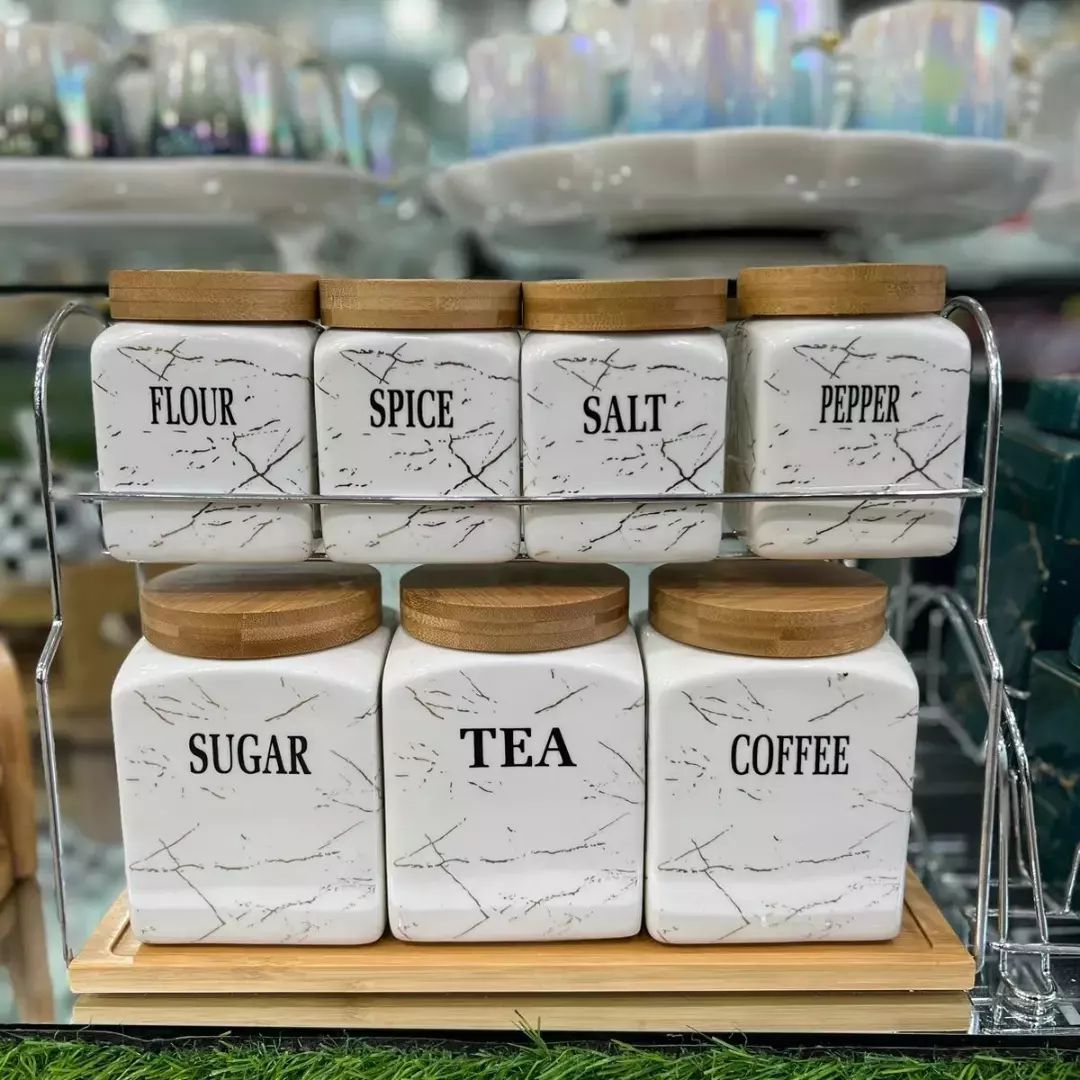 Kitchen Storage 7 Pcs Sugar Tea Coffee Ceramic Canisters Jar Set With Wooden Lid