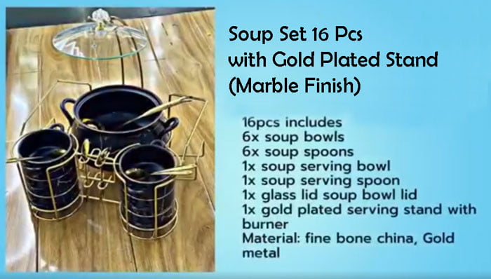 Soup Set 16 Pcs With Gold Plated Stand (Marble Finish)