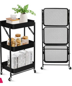 3-Tier Foldable Storage Trolley Metal Rolling Cart