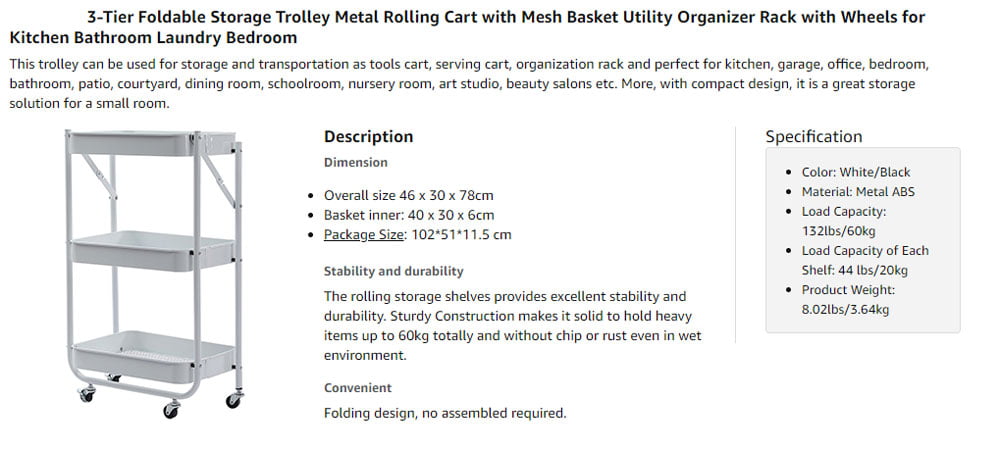 3-Tier Foldable Storage Trolley Metal Rolling Cart