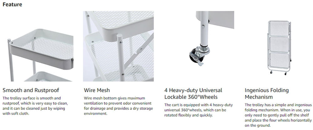 3-Tier Foldable Storage Trolley Metal Rolling Cart