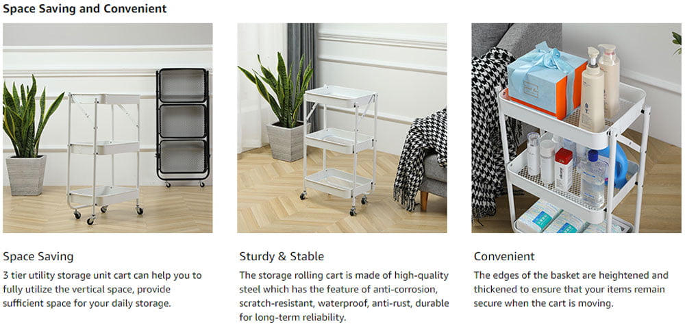 3-Tier Foldable Storage Trolley Metal Rolling Cart
