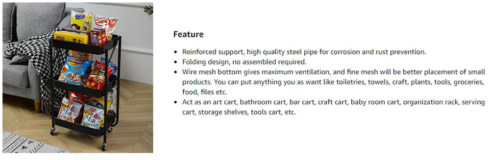 3-Tier Foldable Storage Trolley Metal Rolling Cart