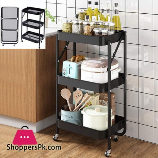 3-Tier Foldable Storage Trolley Metal Rolling Cart with Mesh Basket Utility Organizer Rack with Lockable Wheels for Kitchen Bathroom Laundry Bedroom