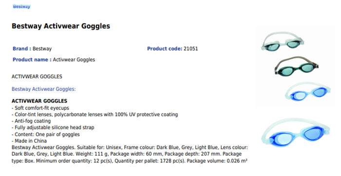 Bestway Activwear Swimming Goggles 21051