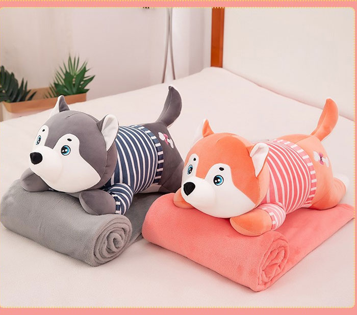 Cute Husky Soft Dog Plush Pillow &Amp; Blanket Set