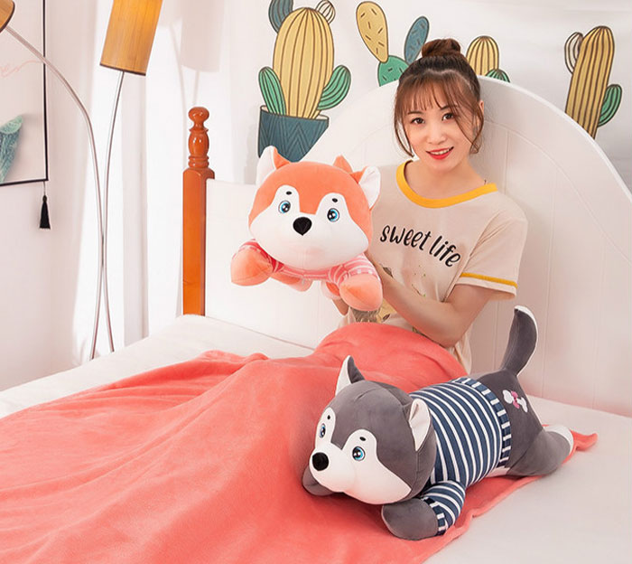 Cute Husky Soft Dog Plush Pillow &Amp; Blanket Set