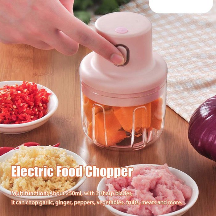 Electric Mini Grinder Food Chopper, 250 ML USB Charging Portable Electric Kitchen Masher, Chili Ginger Onion Vegetable Fruit Mincer Blender for Food