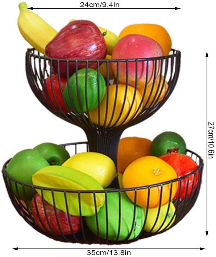European Style 2-Tier Metal Fruit Basket Bowl - Black