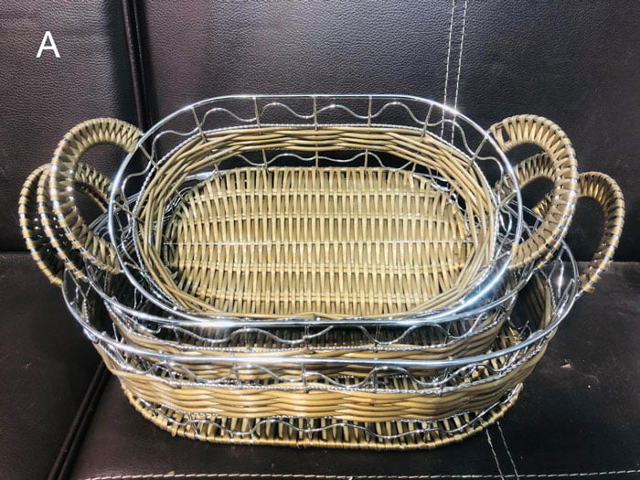Handcrafted Basket Rattan Basket Iron Matel Serving Tray Decor Fruit Basket 3 Pcs