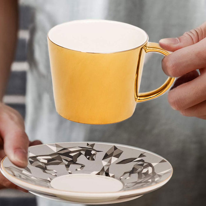 Reflection Mirror Horse Pattern Cup Saucer Porcelain