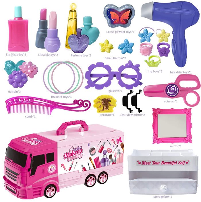 Pretend Play Kids Girls Makeup Truck Kit - Beauty Salon With Realistic Mirror And Fashion &Amp; Makeup Accessories Play Set For Girls