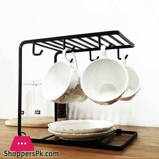 2 Tier Tea Coffee Cup Holder Kitchen Mug Dish Multi-functional Drying Storage Racks with 6 Hooks