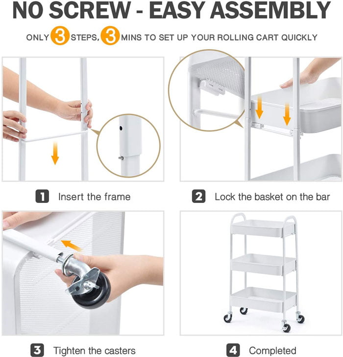 3-Tier Rolling Cart Storage Trolley On Wheels, 3-Tier Utility Cart With Metal Mesh Basket Organization Mobile Storage Rack Shelves For Kitchen Home Office Garage Bathroom, No Screws Assemble