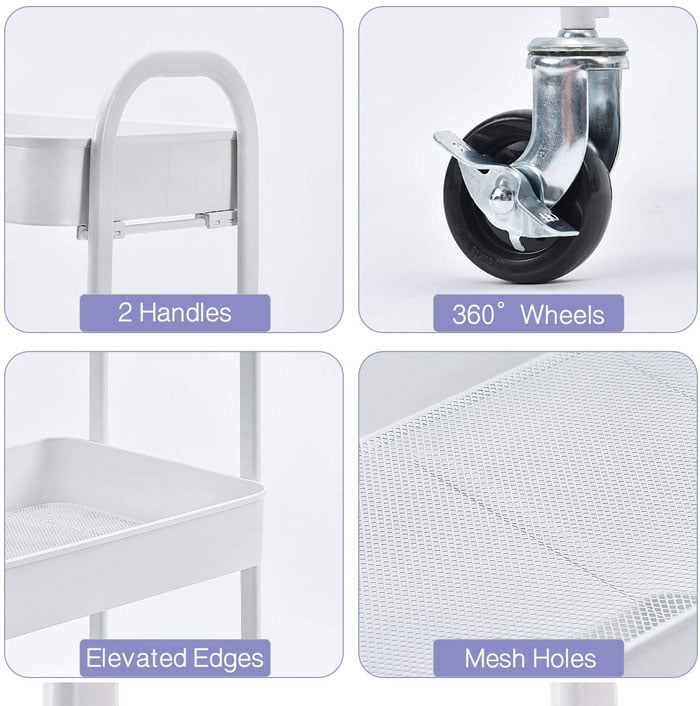 3-Tier Rolling Cart Storage Trolley On Wheels, 3-Tier Utility Cart With Metal Mesh Basket Organization Mobile Storage Rack Shelves For Kitchen Home Office Garage Bathroom, No Screws Assemble