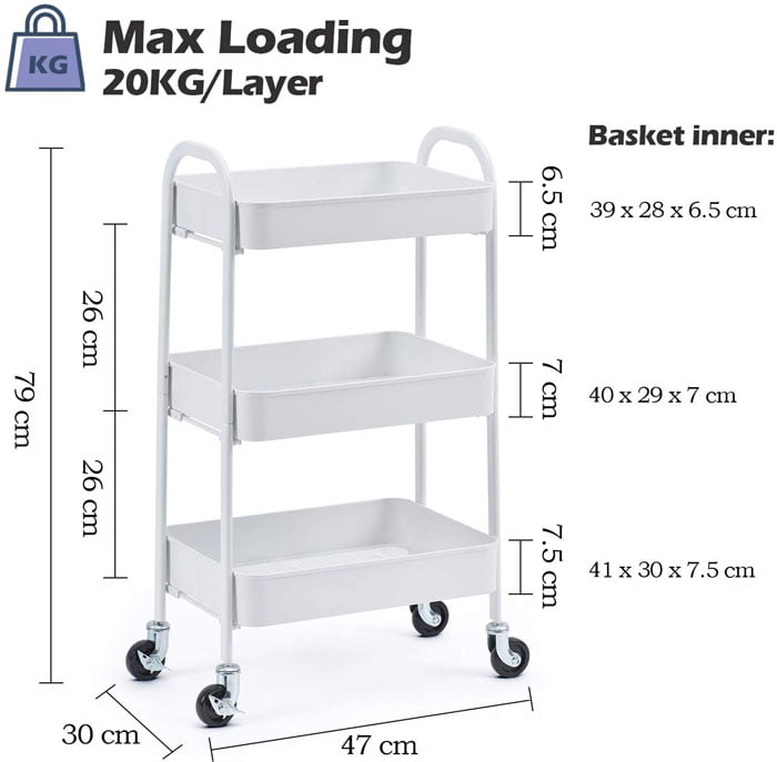 3-Tier Rolling Cart Storage Trolley On Wheels, 3-Tier Utility Cart With Metal Mesh Basket Organization Mobile Storage Rack Shelves For Kitchen Home Office Garage Bathroom, No Screws Assemble