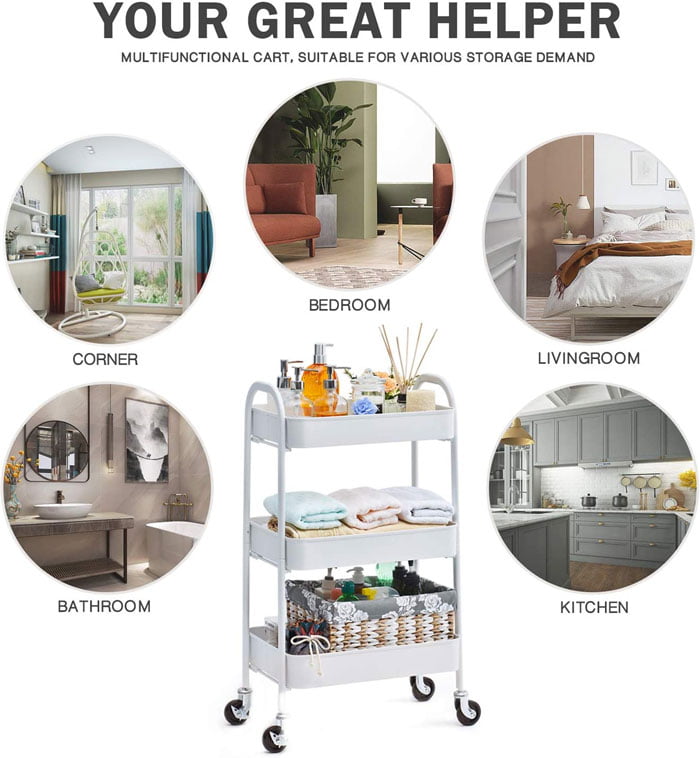 3-Tier Rolling Cart Storage Trolley On Wheels, 3-Tier Utility Cart With Metal Mesh Basket Organization Mobile Storage Rack Shelves For Kitchen Home Office Garage Bathroom, No Screws Assemble