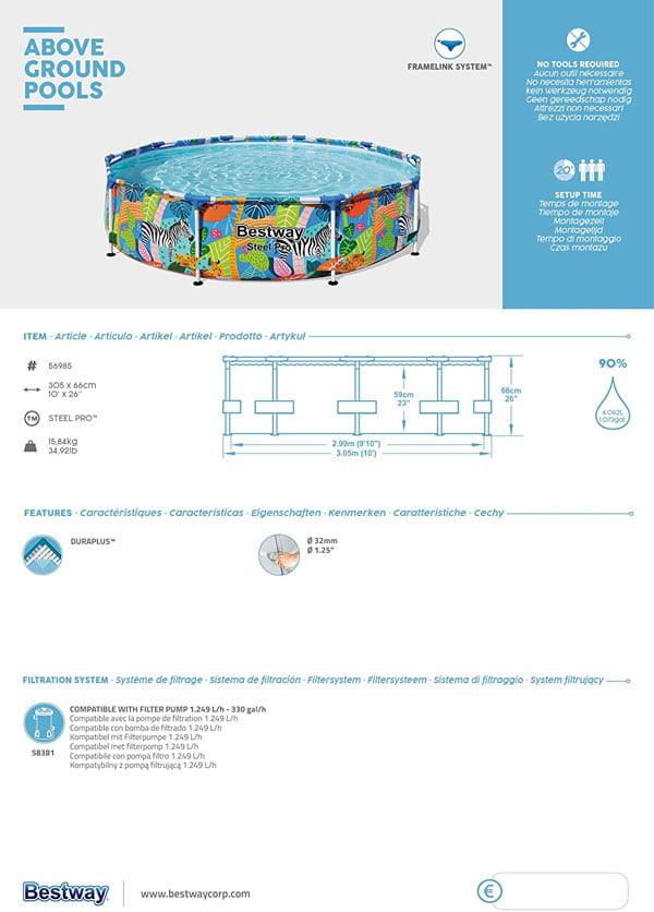 Bestway Safari Swimming Pool Garden Round Frame Above Ground Pool Steel Pro - 56985