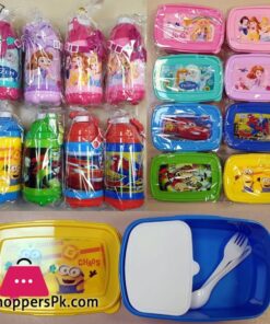 Disney Cartoon Characters School Lunch Box + School Plastic Water Bottle Pack of 2