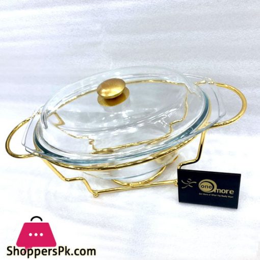 Food Warmer with Glass Dish - Glass Lid Oval Golden 3 Liter L4021