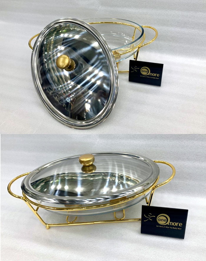 Food Warmer With Glass Dish Oval Golden 3 Liter L4018
