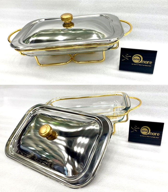 Food Warmer With Glass Dish Square Golden 2 Liter L4017