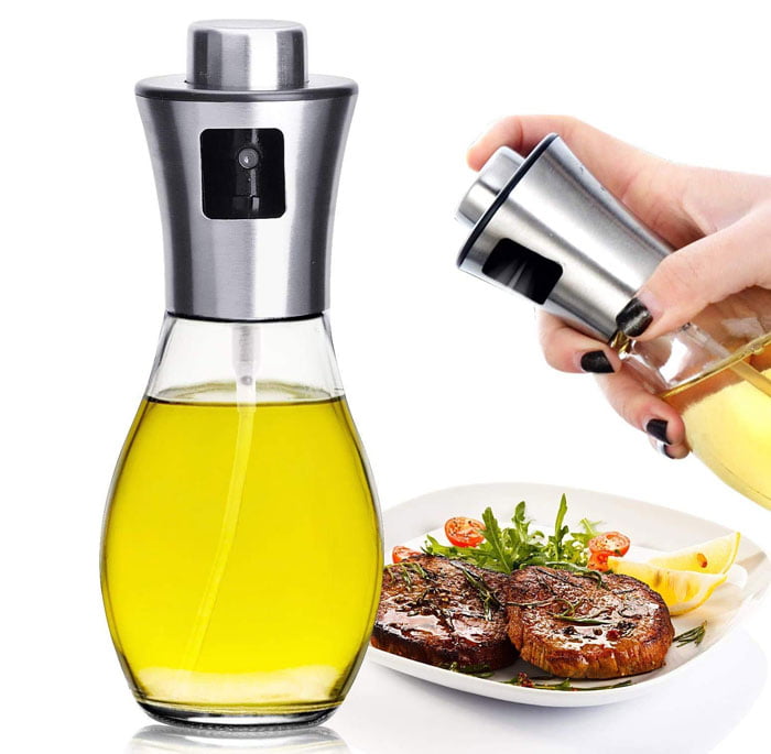 Leak Proof Oil Sprayer Bottle For Cooking With Mini Funnel Oil Spray Bottle For Kitchen Baking Bbq Salad Grilling Frying Etc Olive Oil Spray For Cooking Pan ( 200Ml , Glass + Stainless Steel )