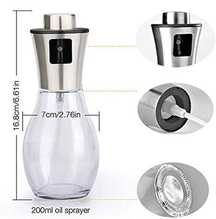 Leak Proof Oil Sprayer Bottle For Cooking With Mini Funnel Oil Spray Bottle For Kitchen Baking Bbq Salad Grilling Frying Etc Olive Oil Spray For Cooking Pan ( 200Ml , Glass + Stainless Steel )