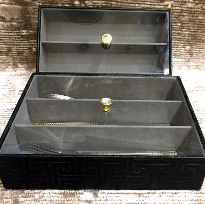 Leather Cutlery Box Knife Fork Glass Lid - 3 Partition