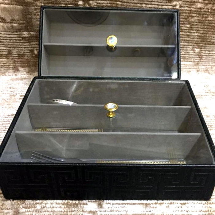Leather Cutlery Box Knife Fork Glass Lid - 3 Partition 5 Leather Cutlery Box Knife Fork Glass Lid - 3 Partition