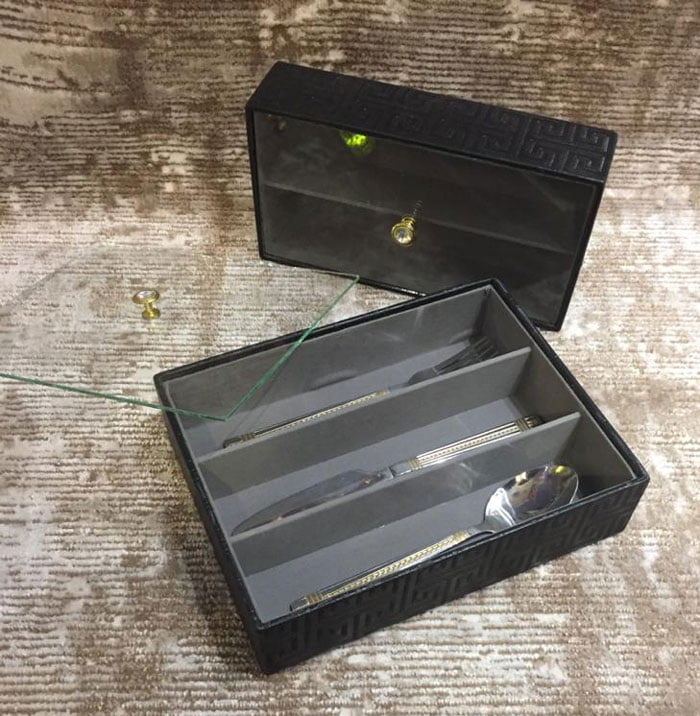 Leather Cutlery Box Knife Fork Glass Lid - 3 Partition
