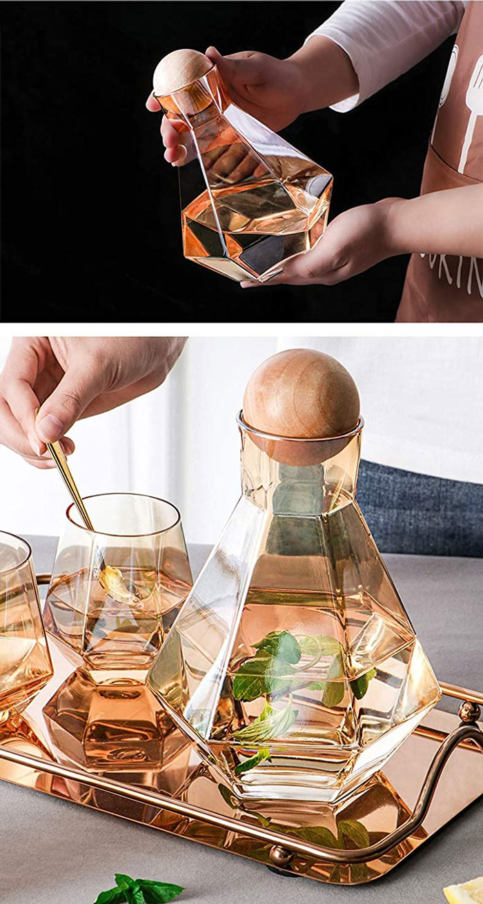 Diamond Glasses Water Set Kettle With Wood Ball Lid Clear Jug For Juice Cocktail Wine Glasses Set Of 7