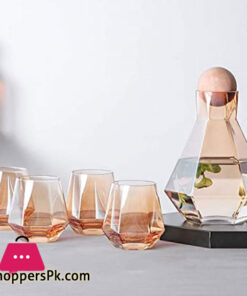 Diamond Glasses Water Set Kettle with Wood Ball Lid Clear Jug for Juice Cocktail Wine Glasses Set of 7