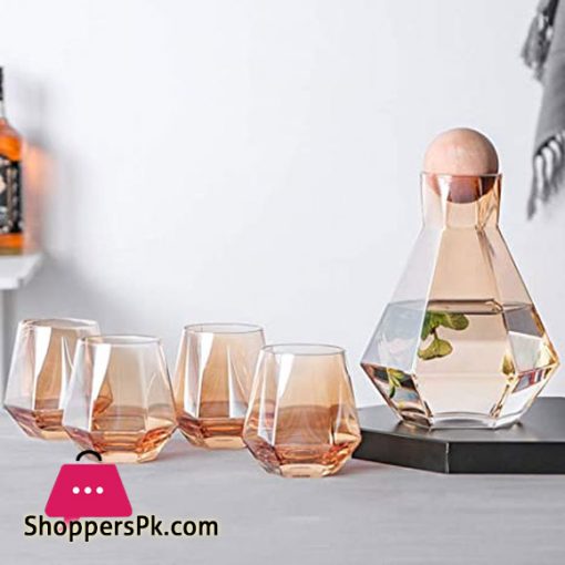 Diamond Glasses Water Set Kettle with Wood Ball Lid Clear Jug for Juice Cocktail Wine Glasses Set of 7
