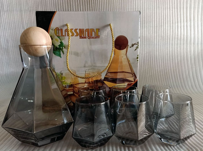 Diamond Glasses Water Set Kettle With Wood Ball Lid Clear Jug For Juice Cocktail Wine Glasses Set Of 7