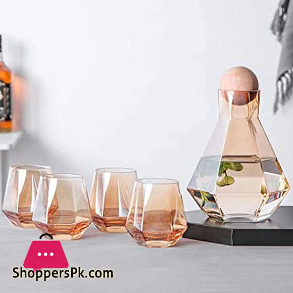 Diamond Glasses Water Set Kettle With Wood Ball Lid Clear Jug For Juice Cocktail Wine Glasses Set Of 7