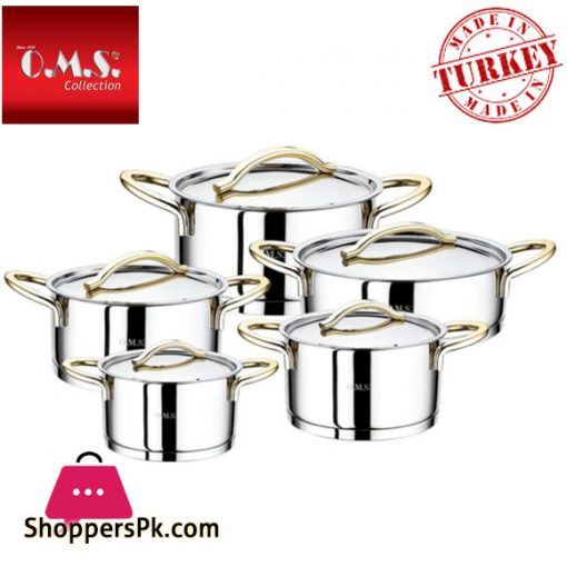 O.M.S Stainless Steel Cylindrical Cookware Set Gold Handle10 Piece Set 1011-G Turkey Made