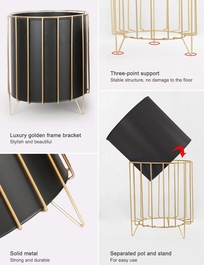 Ascent Black Plant Pot With Gold Metal Wire Based Planter Stand, Metal Plant Stand For Medium To Large Plants Indoor Outdoor, Sturdy Standing Plant Pot 12 X 8 Inch