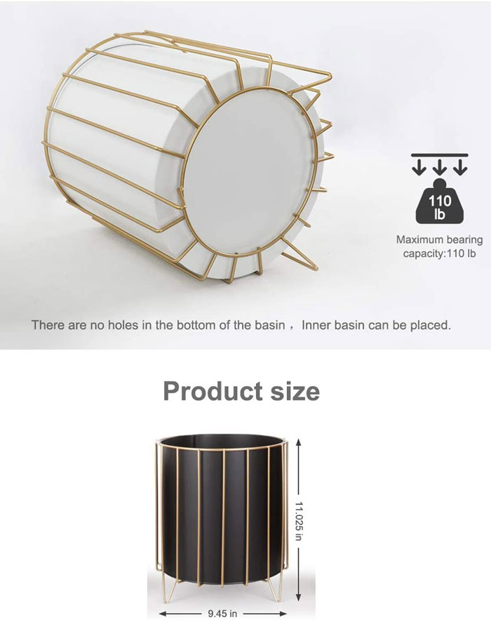 Ascent Black Plant Pot With Gold Metal Wire Based Planter Stand, Metal Plant Stand For Medium To Large Plants Indoor Outdoor, Sturdy Standing Plant Pot 12 X 8 Inch