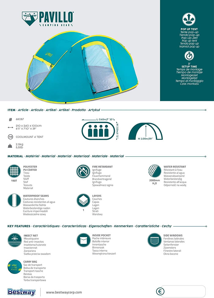 Bestway Pavillo Coolmount 4 Person Camping Tent - 68087