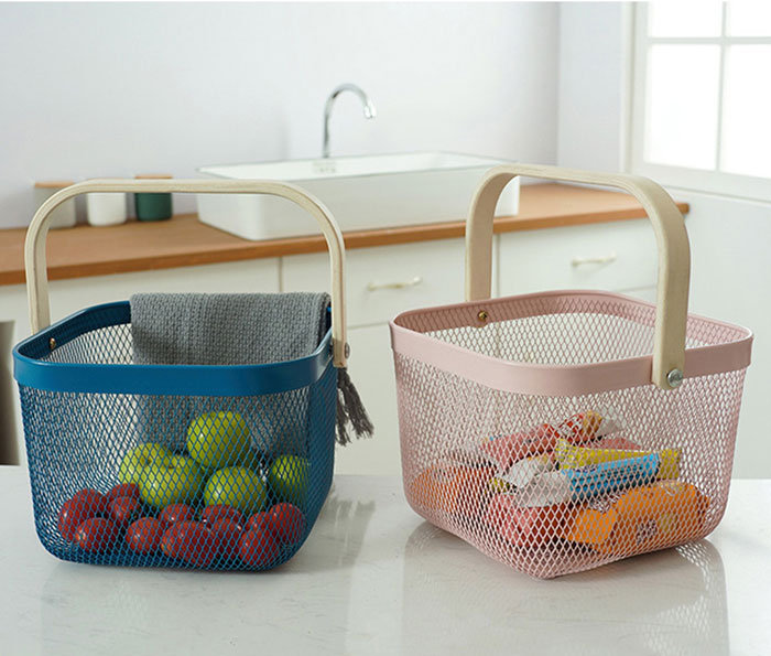Kitchen Organizer Metal Wire Mesh Fruit Storage Basket With Wooden Handle Small 5 Kitchen Organizer Metal Wire Mesh Fruit Storage Basket With Wooden Handle Small