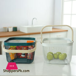 Kitchen Organizer Metal Wire Mesh Fruit Storage Basket with Wooden Handle Small